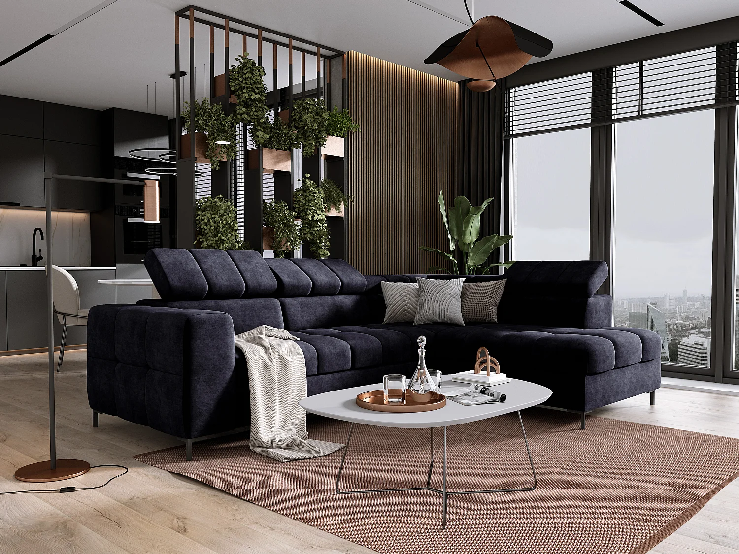 Ecksofa PABLO 279x201 cm, Bettkasten, Schlaffunktion, verstellbare Kopfstützen, Metallfüße, Stoff CLOUD, gerade Anordnung, schwarz