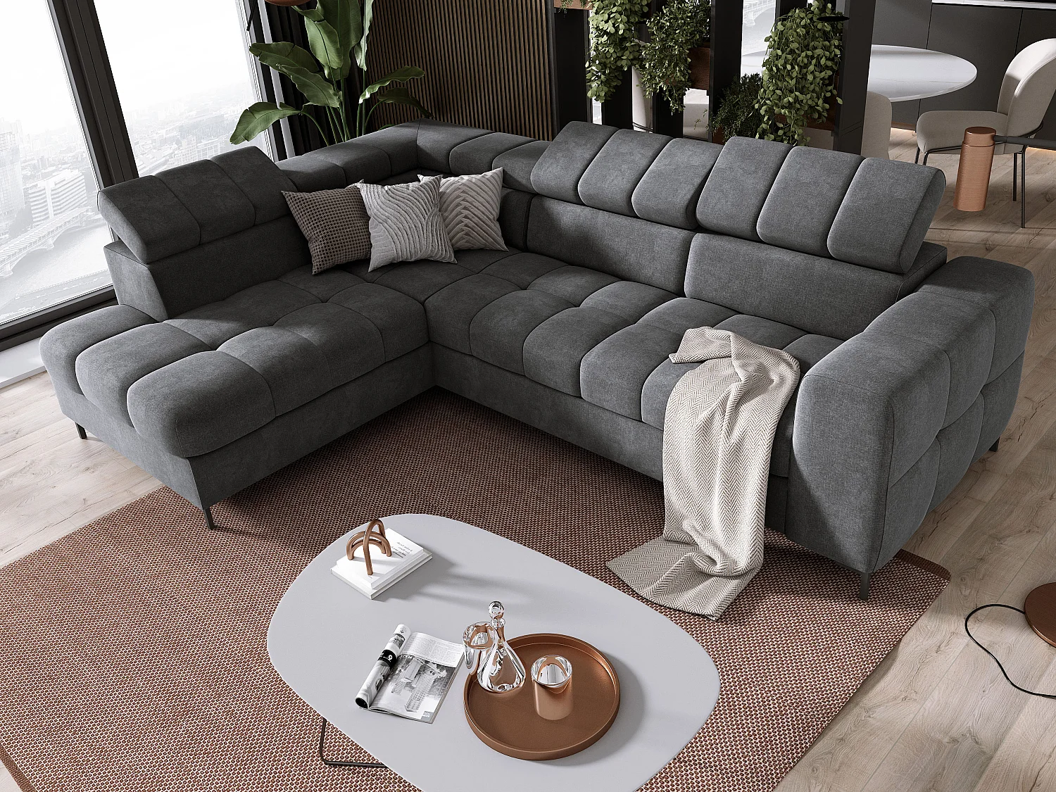 Ecksofa PABLOS mit verstellbarem Kopfteil 279x201cm | Schlaf- & Lagermöglichkeiten, Dunkelgrau Vogue, links