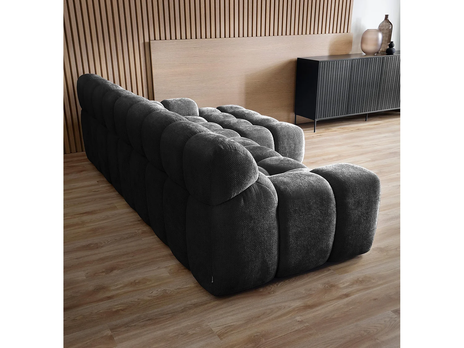 Ecksofa CAMPILE DomoHome, elektrisch verstellbarer Sitz, verstellbare Kopfstützen, rechte Ecke, 288x119x85 cm, SCHWARZ