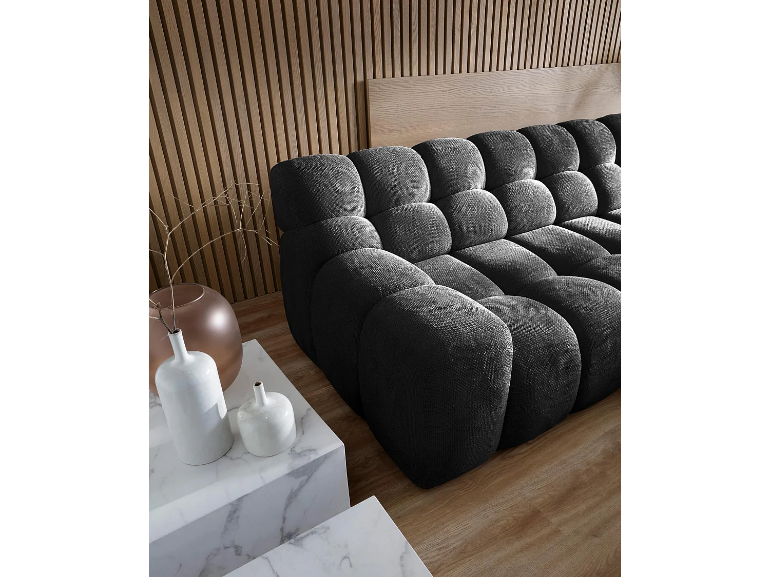 Ecksofa CAMPILE DomoHome, elektrisch verstellbarer Sitz, verstellbare Kopfstützen, rechte Ecke, 288x119x85 cm, SCHWARZ