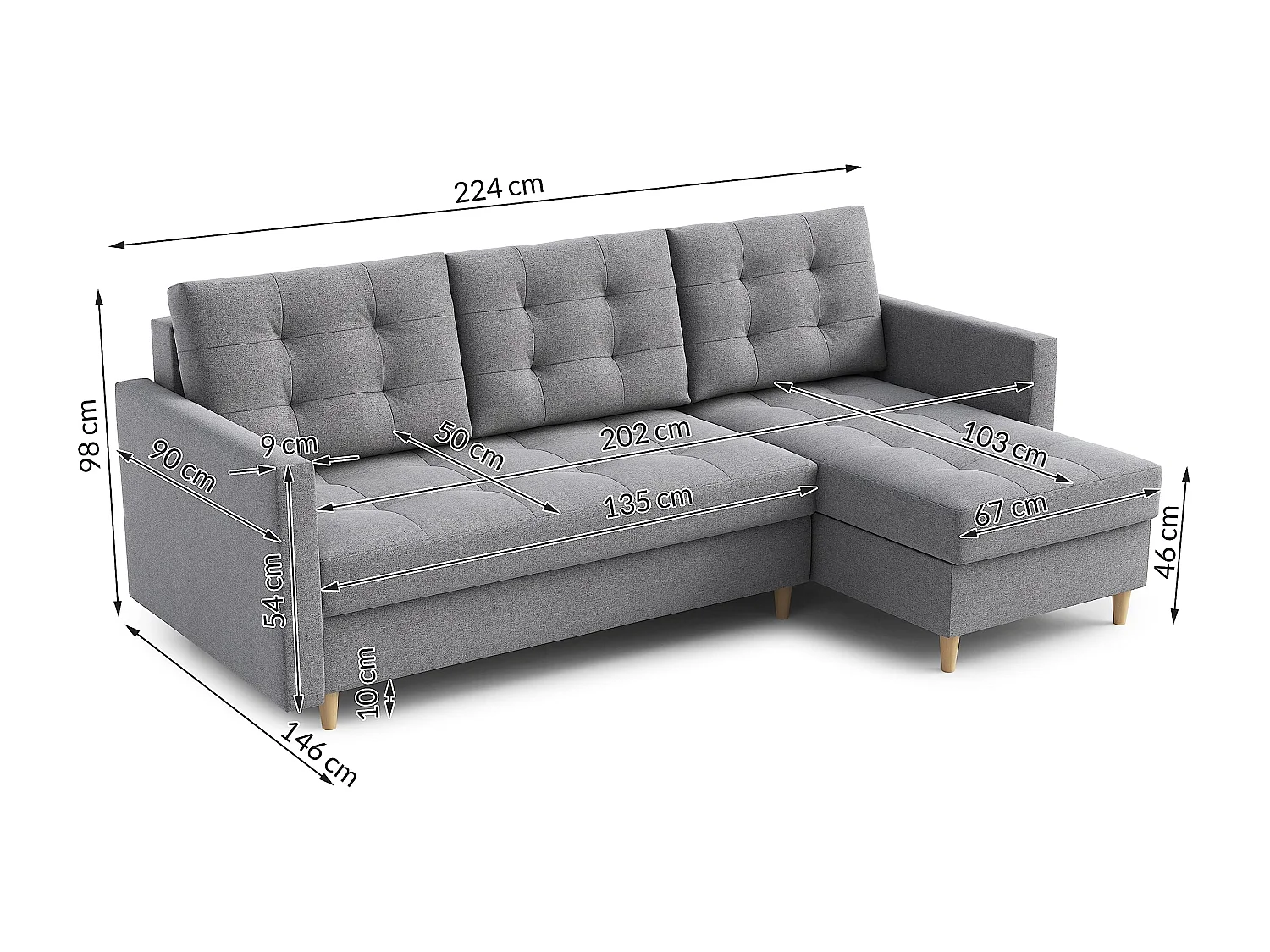 Canapé d'angle DIVO avec fonction sommeil, 224x103 cm, design élégant, matériaux de haute qualité, couleur gris foncé, droite