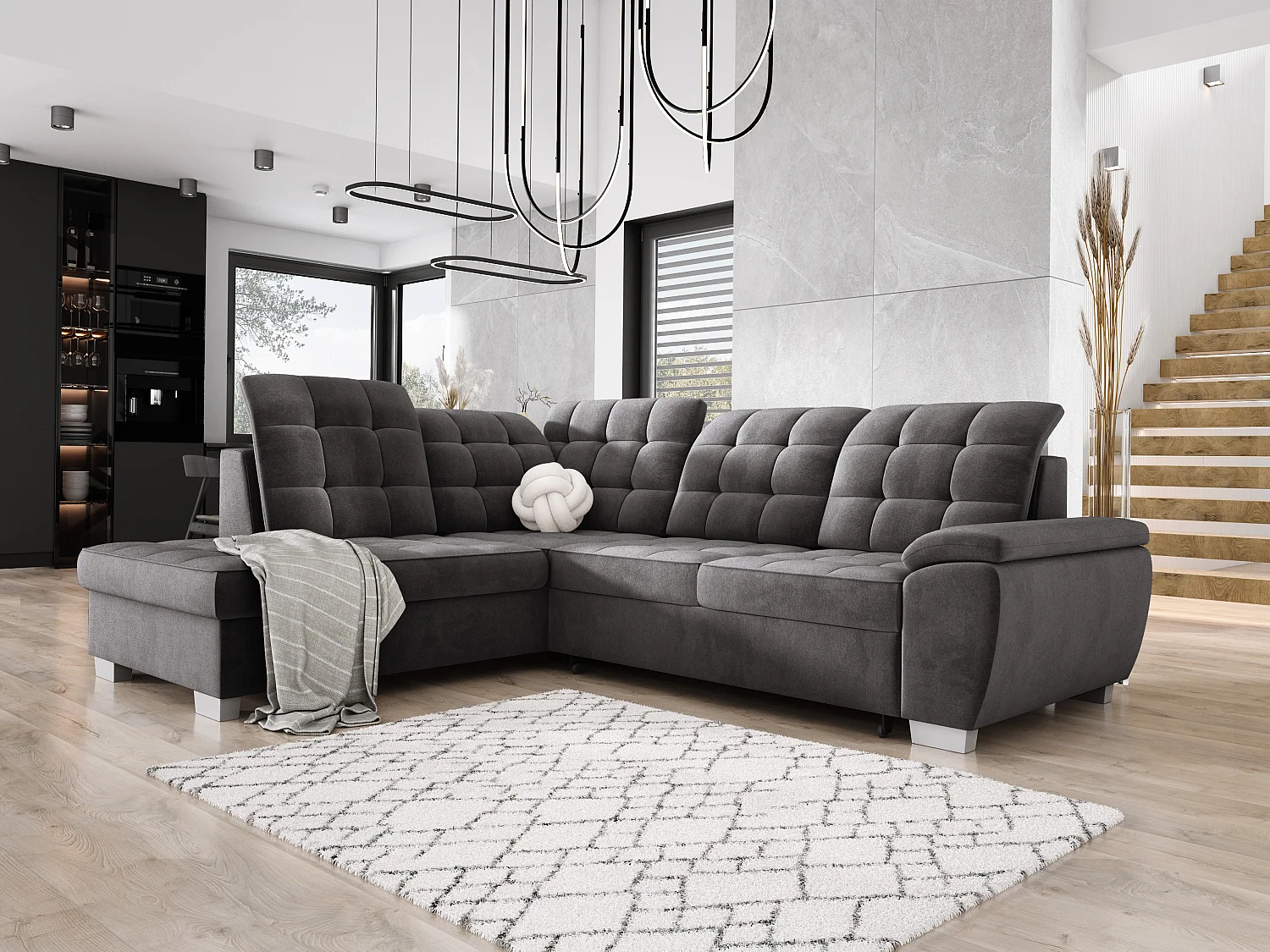 Canapé d'angle LOTTA en tissu SALVADOR, familial, coffre pratique, finition haut de gamme, 258x212 cm, angle droit, GRIS FONCÉ