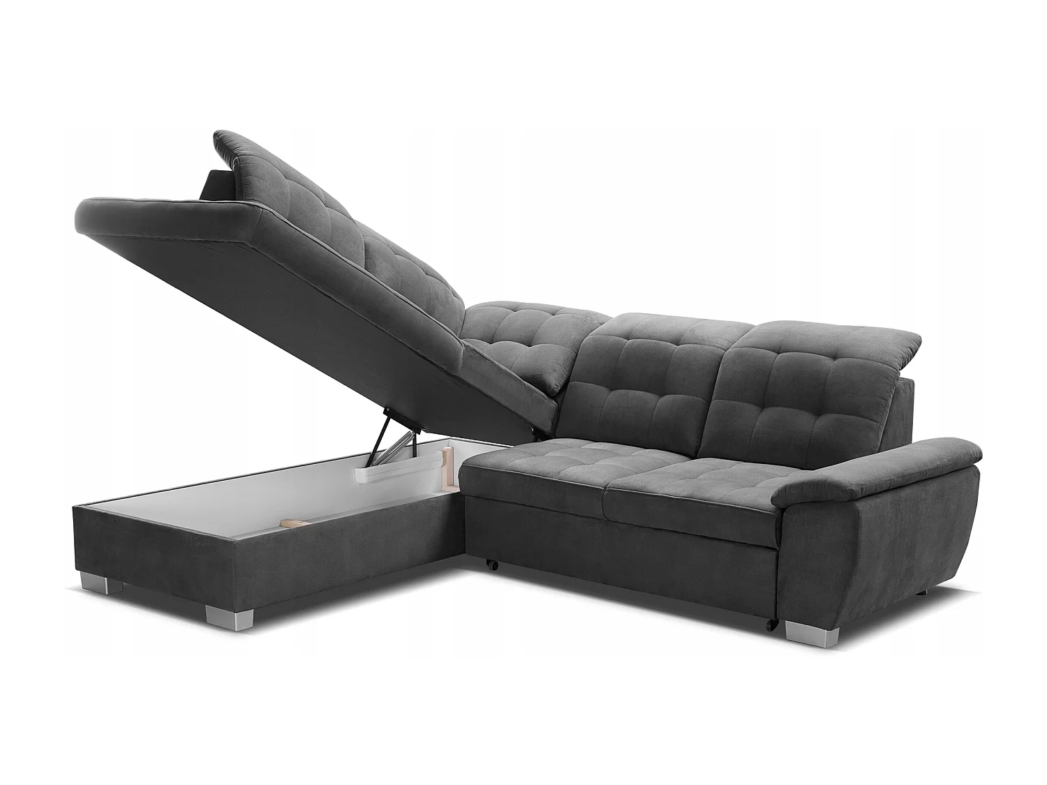 Canapé d'angle LOTTA en tissu SALVADOR, familial, coffre pratique, finition haut de gamme, 258x212 cm, angle droit, GRIS FONCÉ