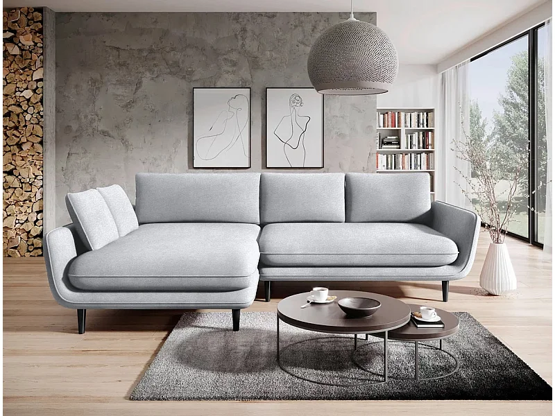 Ecksofa SOLANO mit Bettfunktion - Elegantes skandinavisches Sofa 260x167 cm, Bettkasten und Füße aus Holz, Farbe weiß, Links