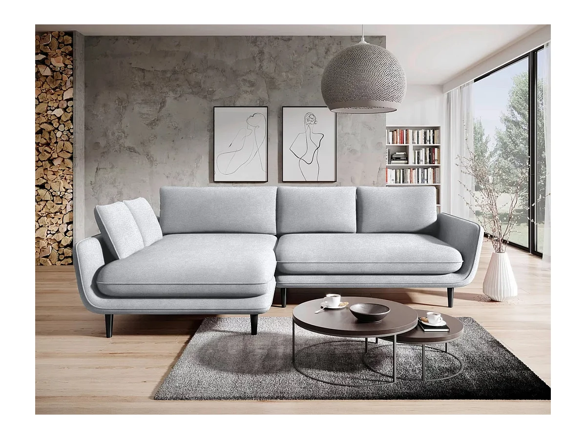 Canapé d'angle SOLANO avec fonction lit – Canapé scandinave élégant 260x167 cm, Coffre de lit et pieds en bois, Couleur blanche, Gauche