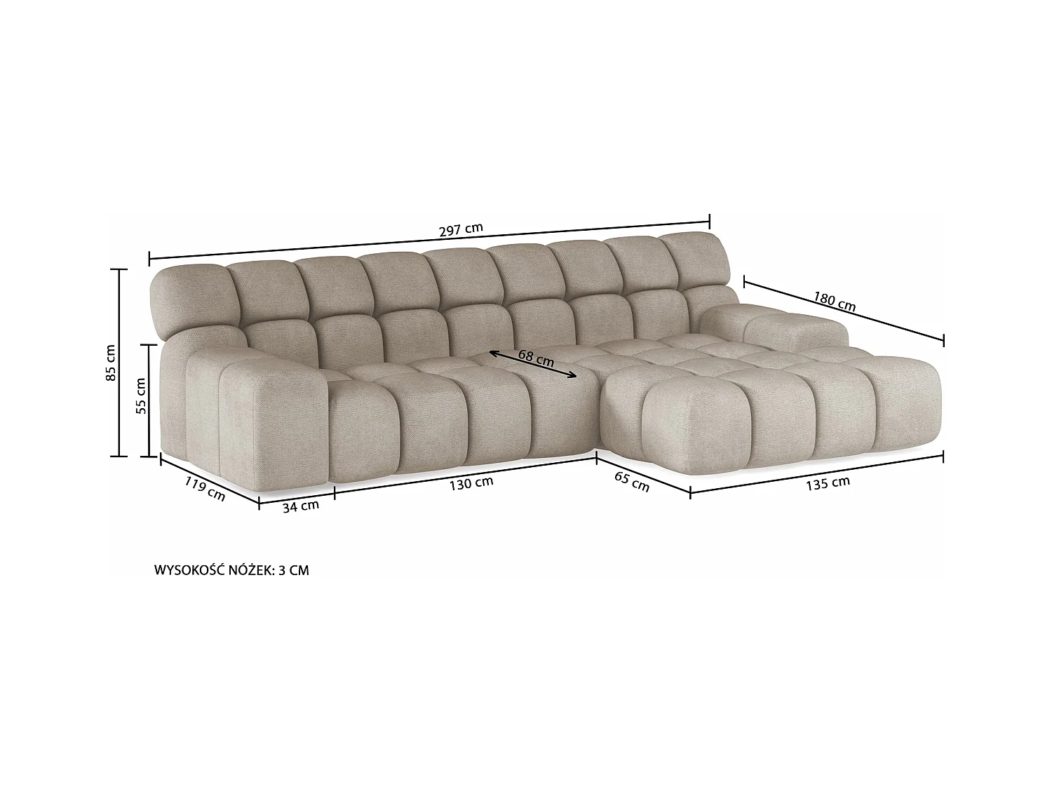 CAMPILE hoekbank met modern design, 297x180 cm, hoge functionaliteit, comfortabele zitting, kleur grijs, rechts