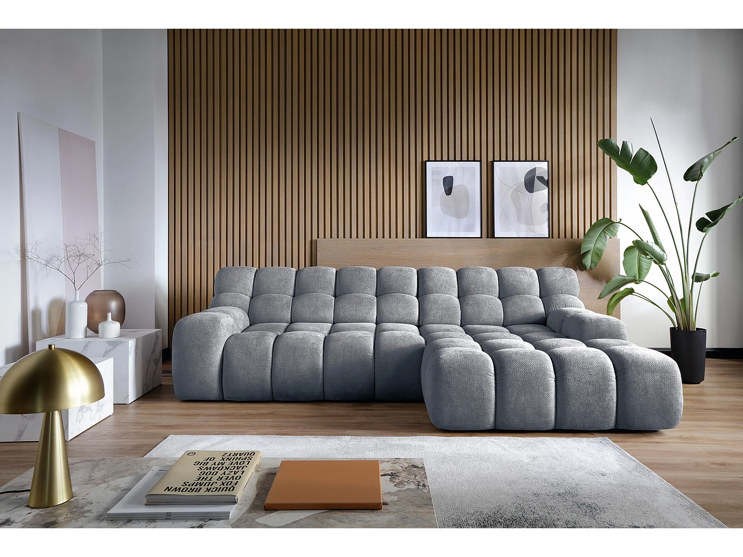 Canapé d'angle CAMPILE au design moderne, 297x180 cm, grande fonctionnalité, assise confortable, couleur gris, droite
