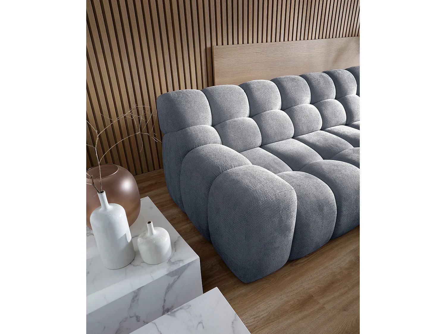Canapé d'angle CAMPILE au design moderne, 297x180 cm, grande fonctionnalité, assise confortable, couleur gris, droite