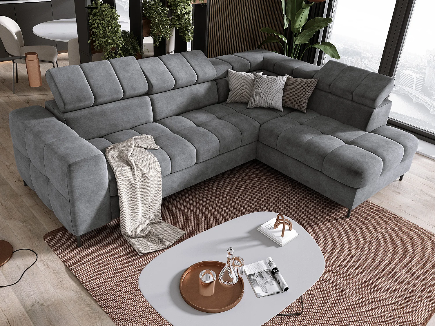 Hoekbank PABLO 279x201 cm, slaapbank, verstelbare hoofdsteunen, opbergbox, metalen pootjes, stof CLOUD, rechthoekig design, grijs