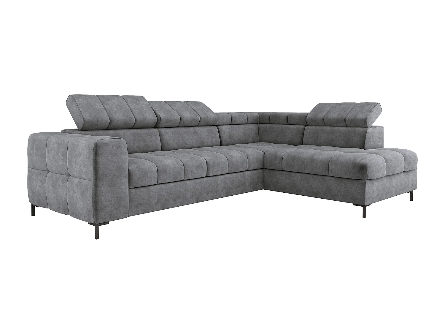 Hoekbank PABLO 279x201 cm, slaapbank, verstelbare hoofdsteunen, opbergbox, metalen pootjes, stof CLOUD, rechthoekig design, grijs