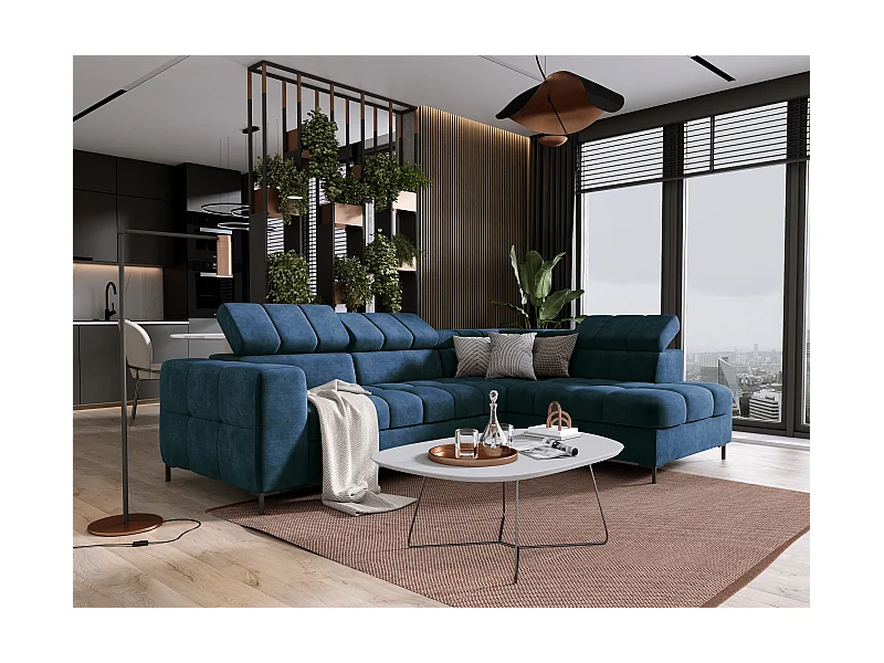 Canapé d'angle PABLO 279x201 cm, canapé-lit, têtières réglables, coffre de rangement, pieds en métal, tissu CLOUD, straight design, bleu