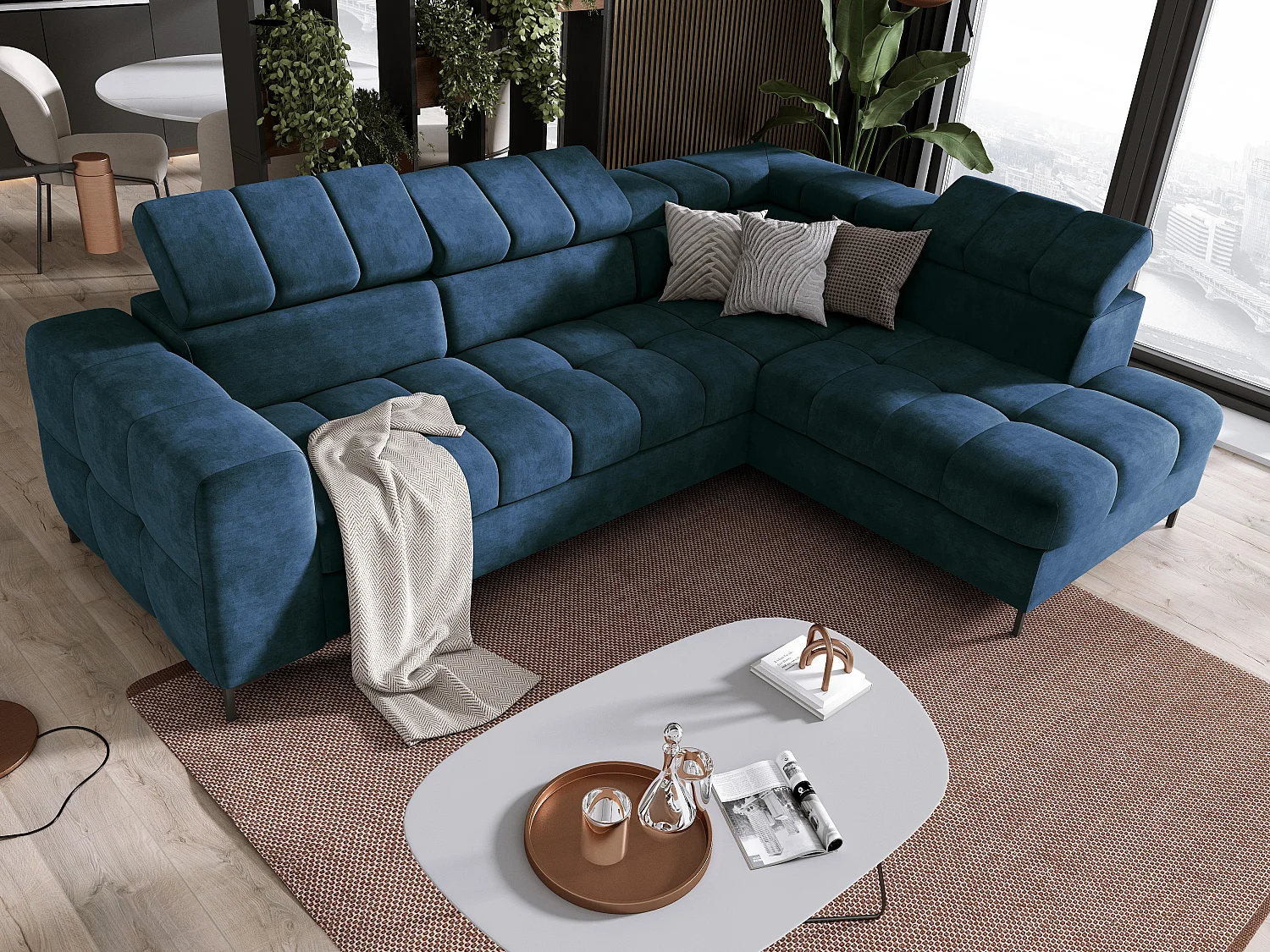 Hoekbank PABLO 279x201 cm, slaapbank, verstelbare hoofdsteunen, opbergbox, metalen pootjes, stof CLOUD, rechthoekig design, blauw