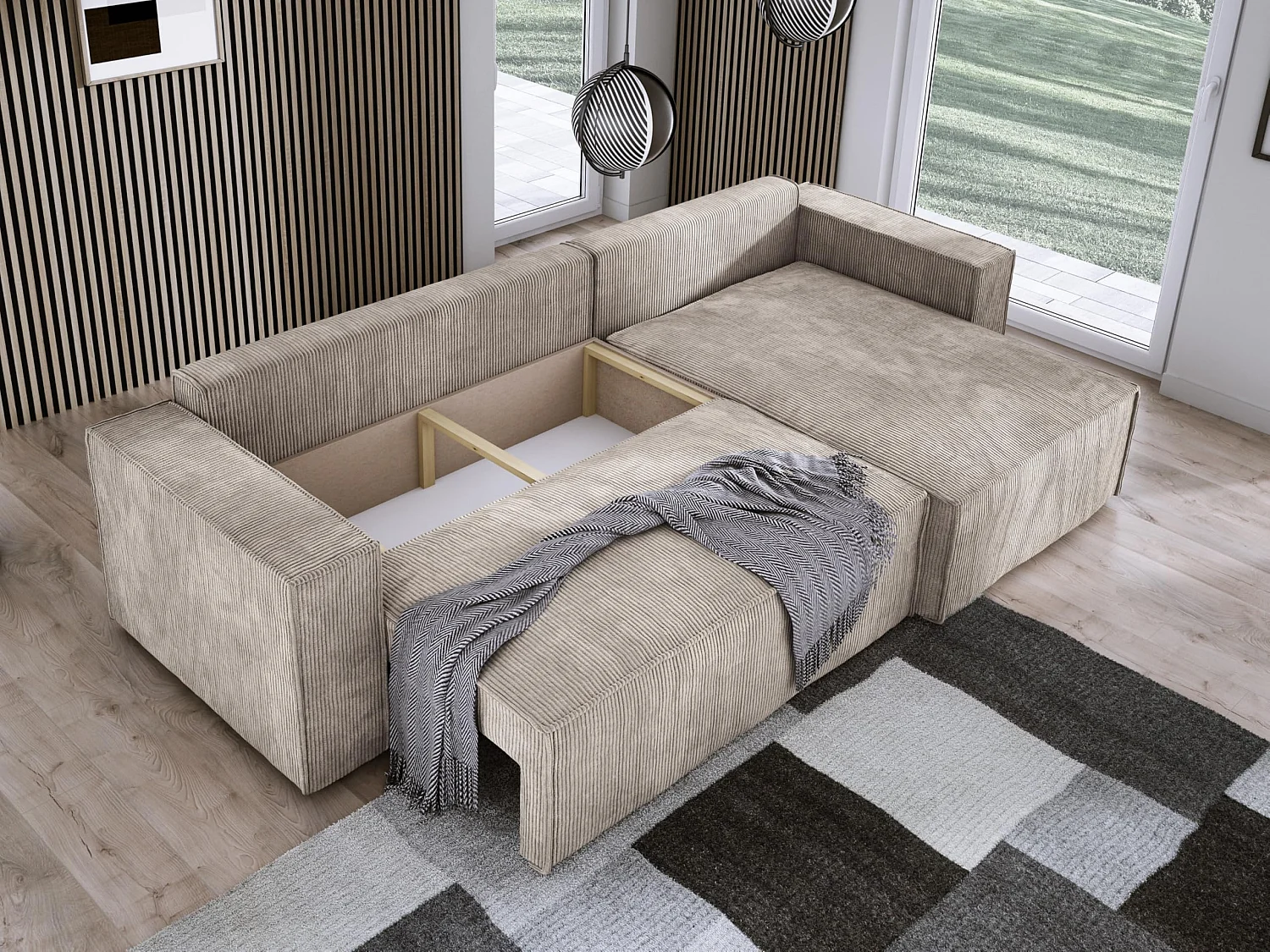 POSO XL Ecksofa mit Schlaffunktion und Bettkasten - L-Form, Cord, Wellenunterfederung, dunkelbeige, 274x143x83 cm.