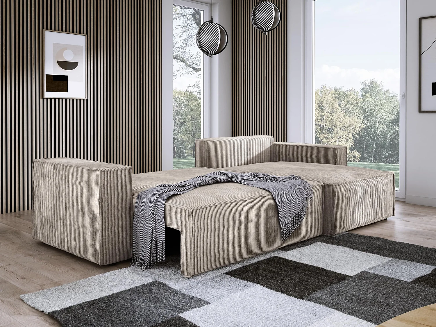 POSO XL Ecksofa mit Schlaffunktion und Bettkasten - L-Form, Cord, Wellenunterfederung, dunkelbeige, 274x143x83 cm.
