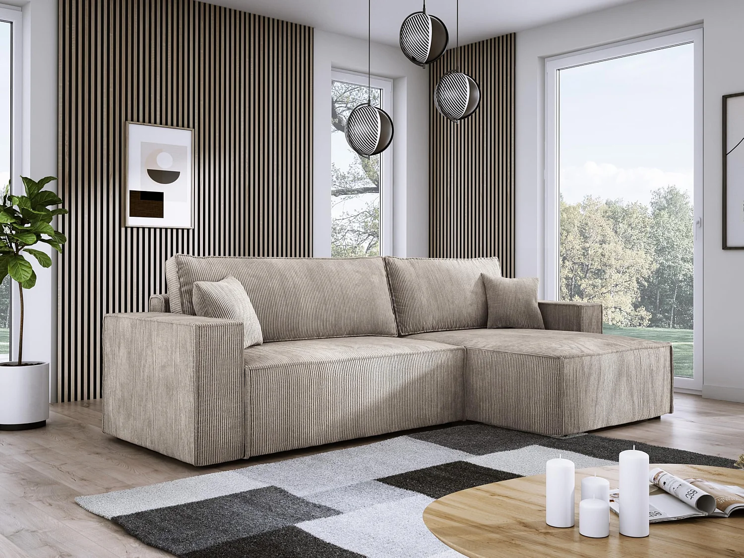 Canapé d'angle POSO XL avec couchage et coffre – L-Forme, velours côtelé, ressorts ondulés, beige foncé, 274x143x83 cm