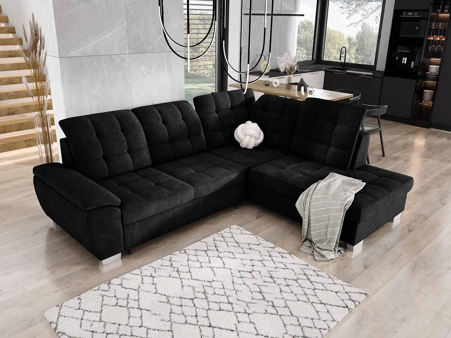 LOTTA Ecksofa mit ASTI-Stoffbezug, 258x212cm - elegantes Design, Schlaffunktion und viel Stauraum, rechts, SCHWARZ