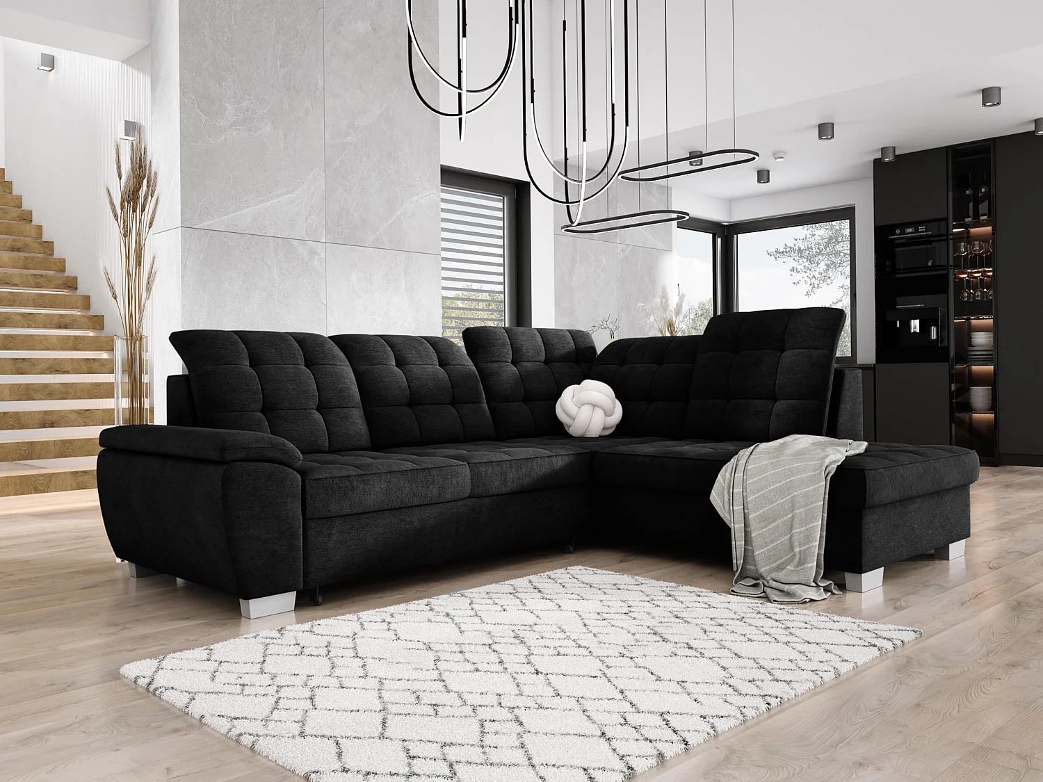 Canapé d'angle LOTTA en tissu ASTI, 258x212cm - design élégant, fonction de couchage et grand espace de rangement, à droite, NOIR