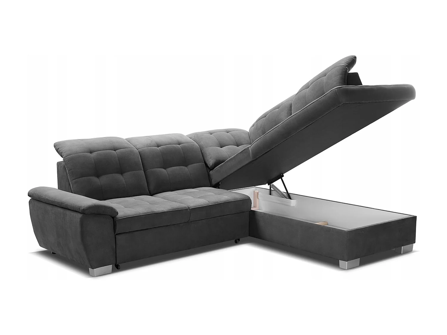 Canapé d'angle LOTTA en tissu ASTI, 258x212cm - design élégant, fonction de couchage et grand espace de rangement, à droite, NOIR