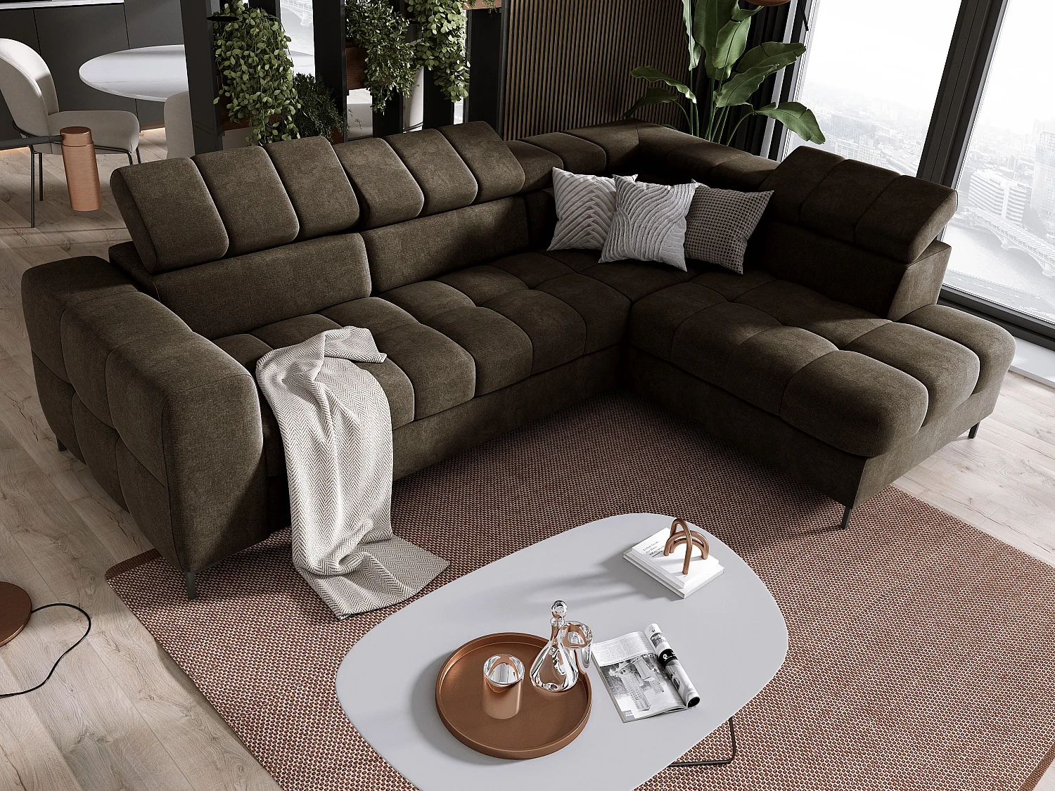 Hoekbank PABLO 279x201 cm met box, bed, verstelbare hoofdsteunen, metalen pootjes, onderhoudsvriendelijke stof VOGUE, links, ROSE