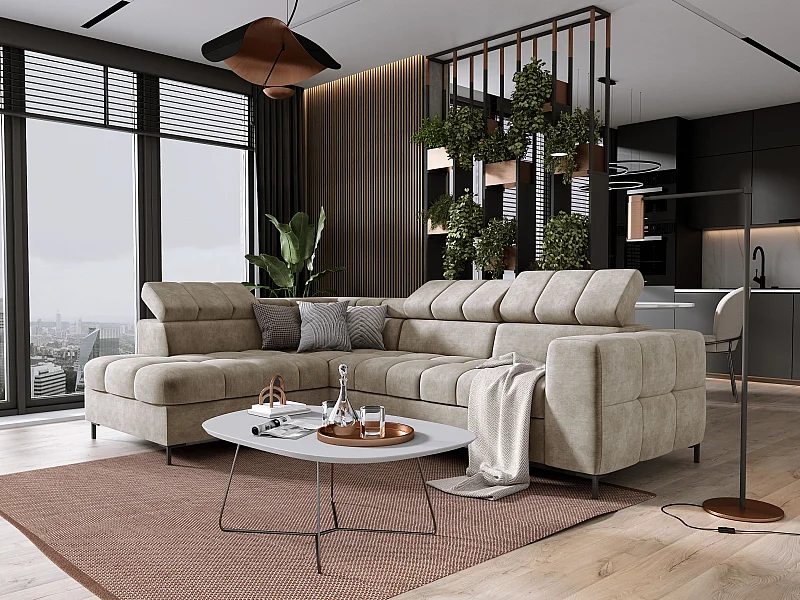 Ecksofa PABLO 279x201 cm, Schlafsofa, verstellbare Kopfstützen, Bettkasten, Metallfüße, CLOUD-Stoff, Anordnung links, beige