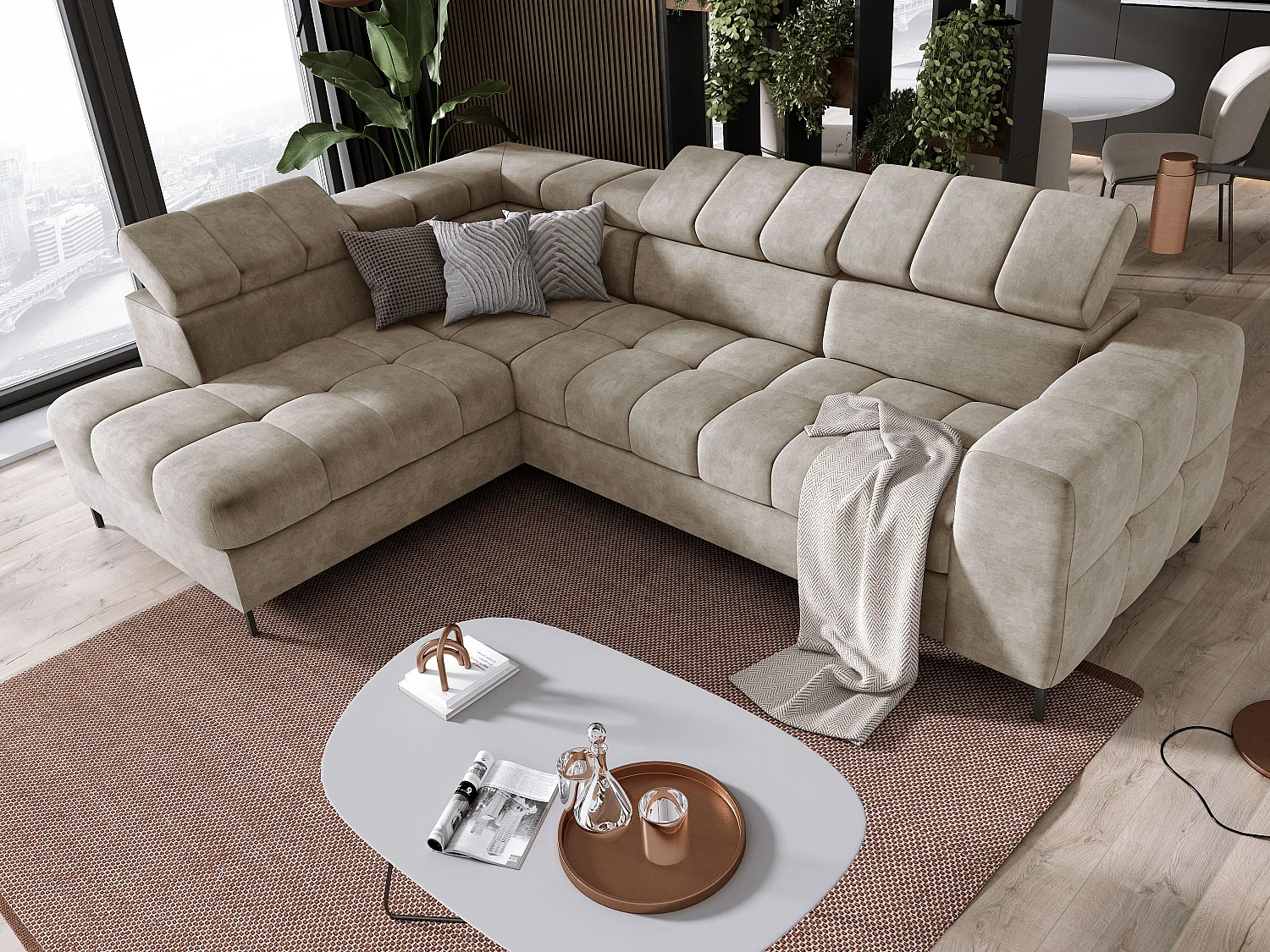 Ecksofa PABLO 279x201 cm, Schlafsofa, verstellbare Kopfstützen, Bettkasten, Metallfüße, CLOUD-Stoff, Anordnung links, beige