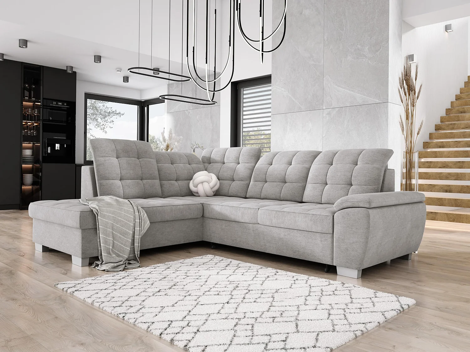 Narożnik LOTTA z łatwego w utrzymaniu weluru, 258x212cm, idealny dla rodzin, z praktycznym pojemnikiem na pościel, układ lewy, kolor: JASNY