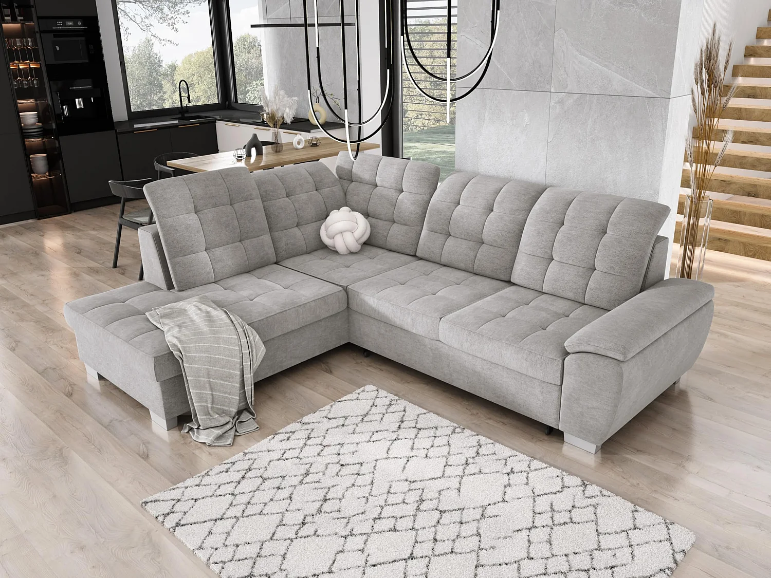 Narożnik LOTTA z łatwego w utrzymaniu weluru, 258x212cm, idealny dla rodzin, z praktycznym pojemnikiem na pościel, układ lewy, kolor: JASNY