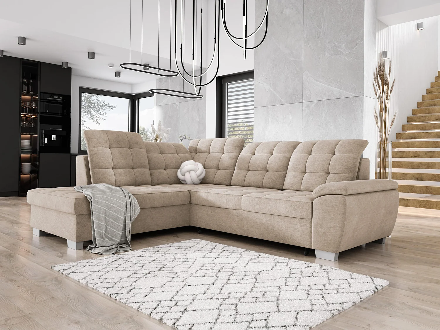 Narożnik LOTTA w tkaninie ASTI, 258x212cm – elegancki design, funkcja spania i pojemny schowek, układ lewy, kolor: BEŻ