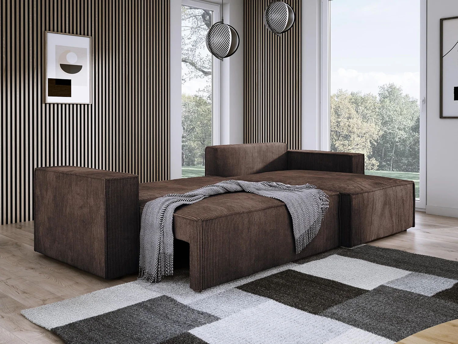 POSO XL Canapé d'angle convertible avec coffre – spacieux, tissu côtelé résistant, ressorts ondulés, brun, 274x143x83 cm