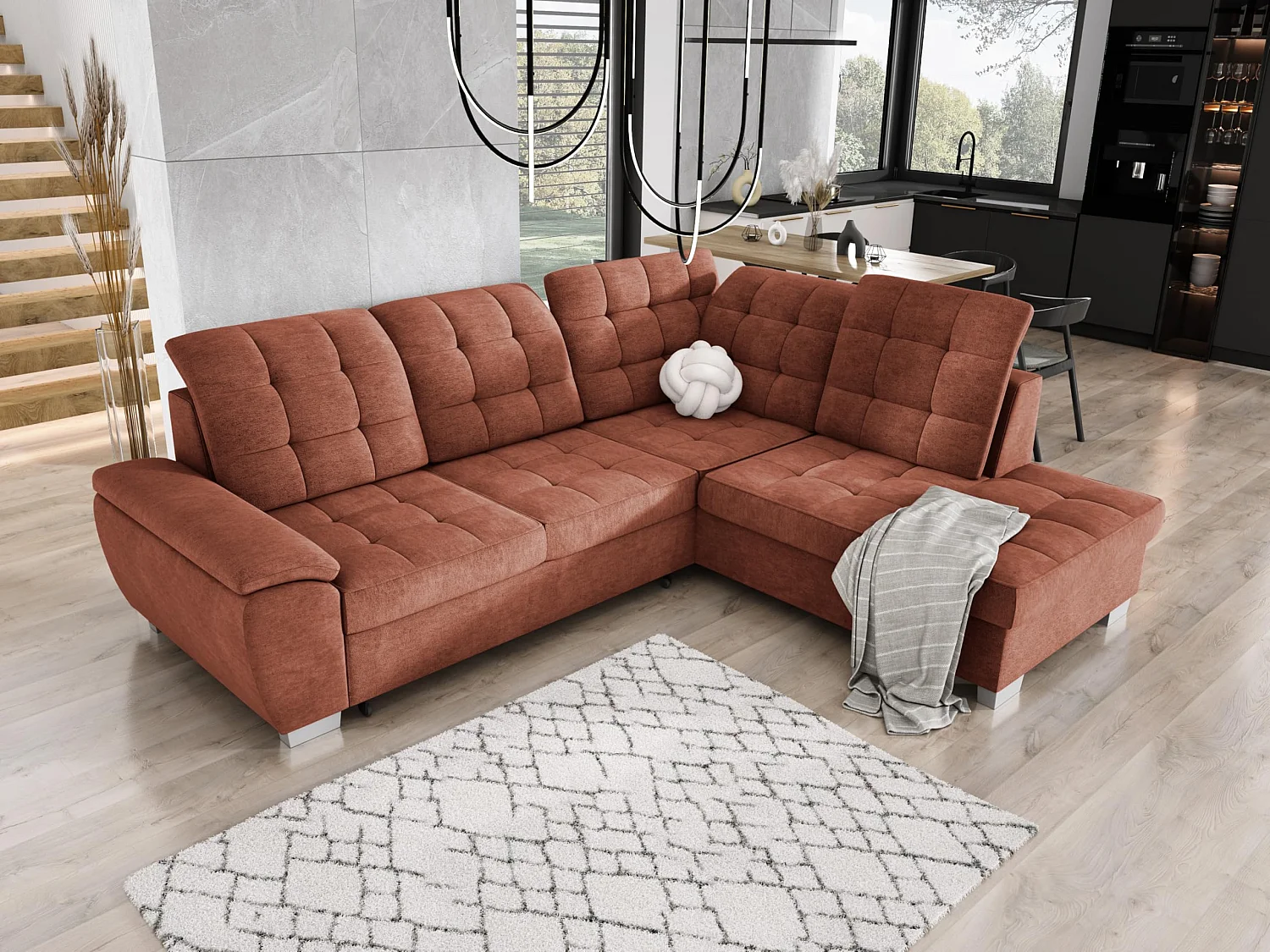 LOTTA sofa in ASTI stof, 258x212cm - elegant design, slaapfunctie en ruime opbergruimte, rechts, ORANJE