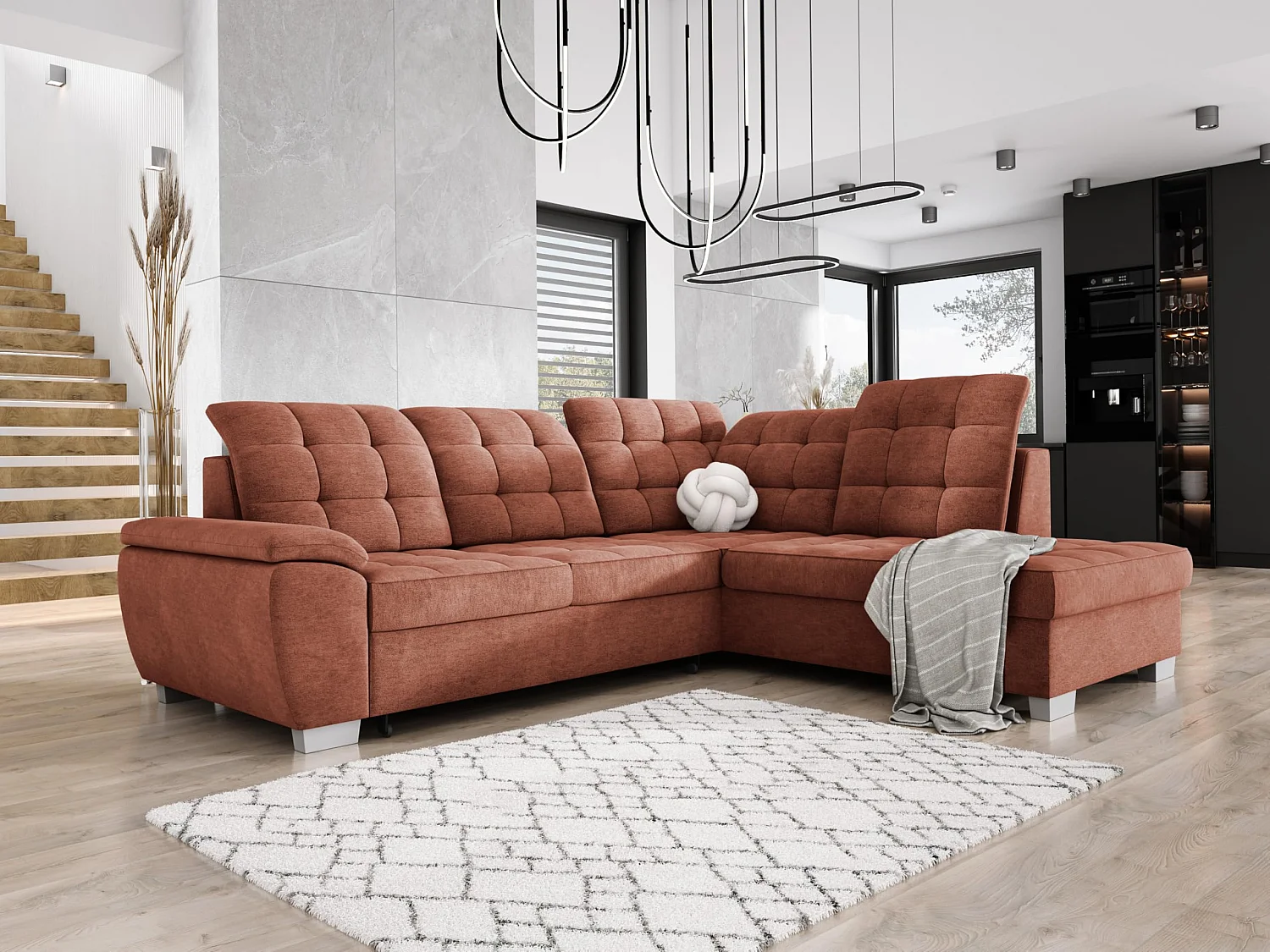 LOTTA sofa in ASTI stof, 258x212cm - elegant design, slaapfunctie en ruime opbergruimte, rechts, ORANJE