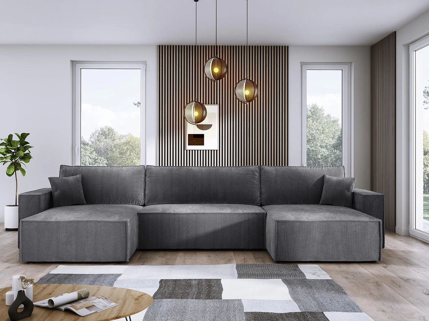 DomoHome XXL Canapé d'angle U avec lit 330x130cm, coussins doux, coffre, rembourrage haut de gamme, gris, 377x143x83cm