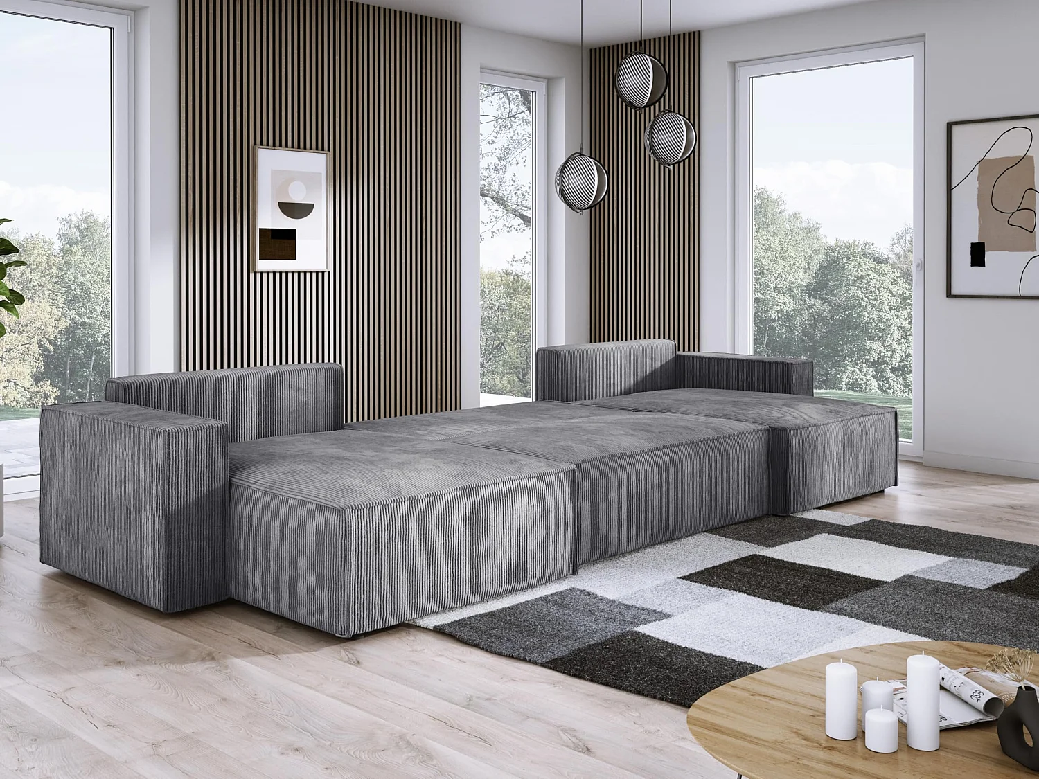DomoHome XXL U-Ecksofa mit Bett 330x130cm, weiche Kissen, Truhe, hochwertige Polsterung, grau, 377x143x83cm.