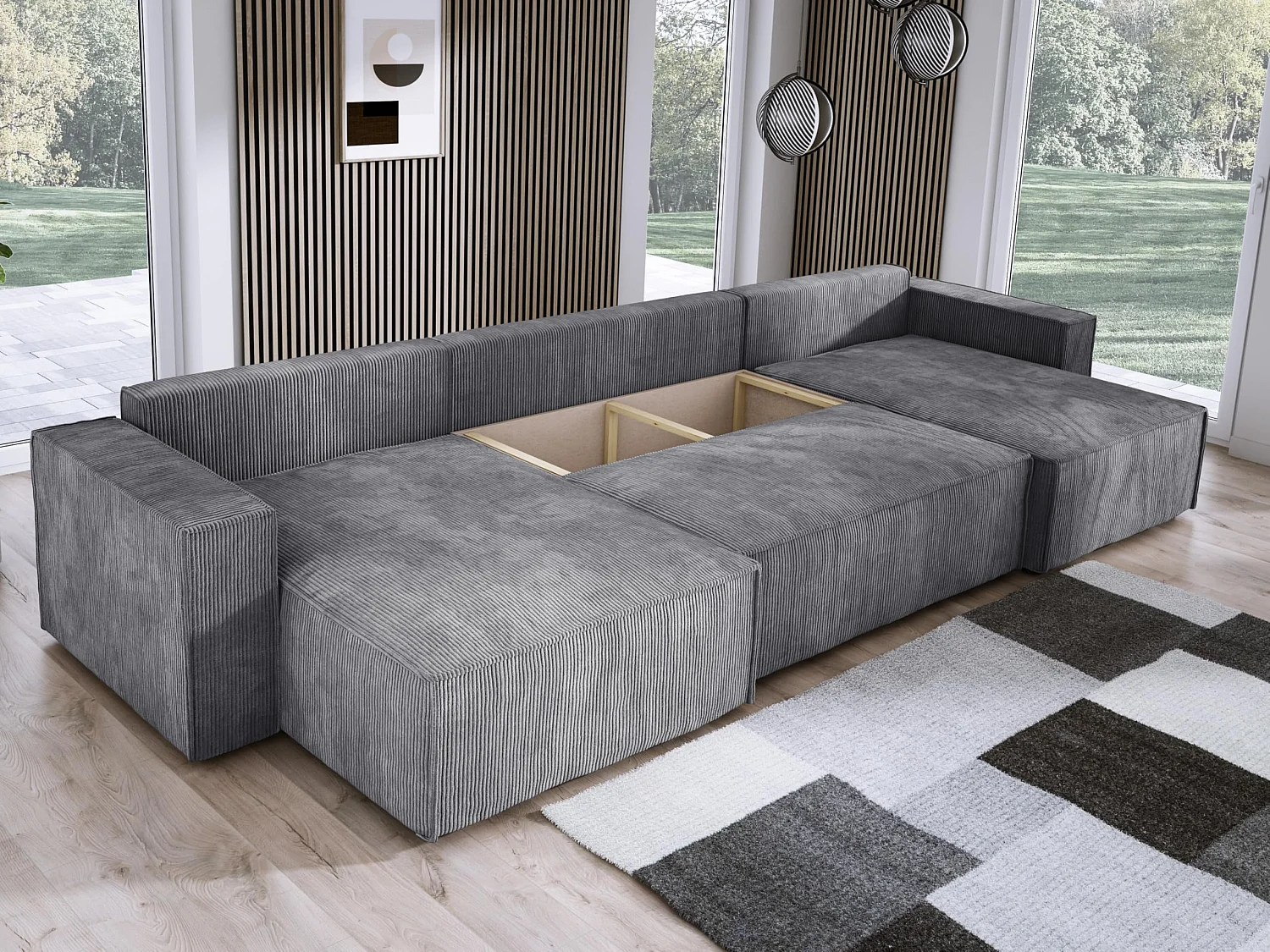 DomoHome XXL U-Ecksofa mit Bett 330x130cm, weiche Kissen, Truhe, hochwertige Polsterung, grau, 377x143x83cm.