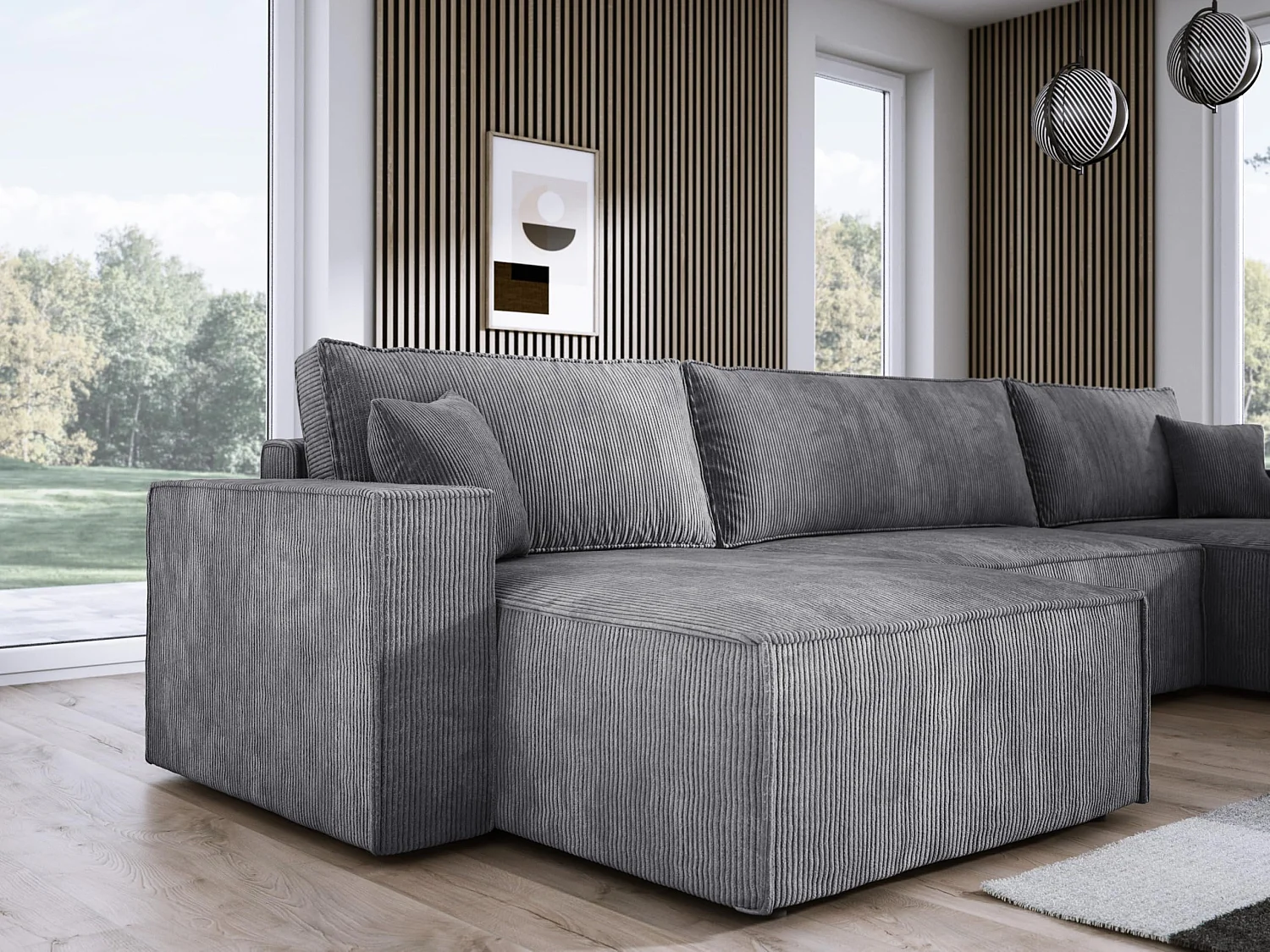 DomoHome XXL U-Ecksofa mit Bett 330x130cm, weiche Kissen, Truhe, hochwertige Polsterung, grau, 377x143x83cm.