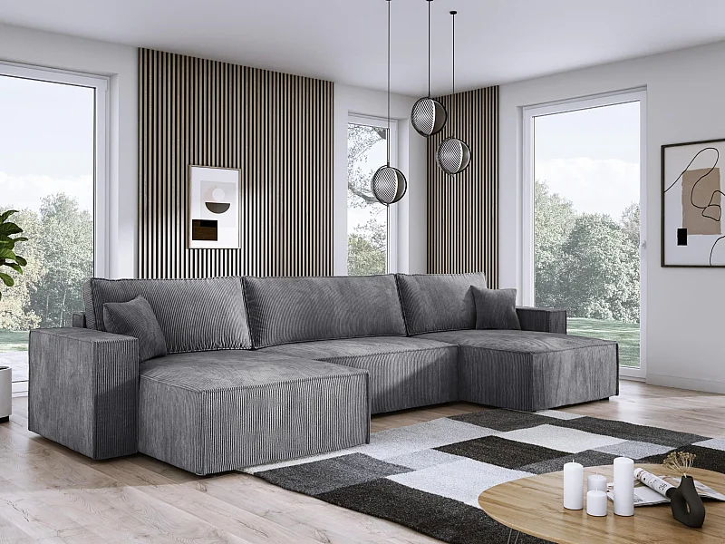 DomoHome XXL Canapé d'angle U avec lit 330x130cm, coussins doux, coffre, rembourrage haut de gamme, gris, 377x143x83cm