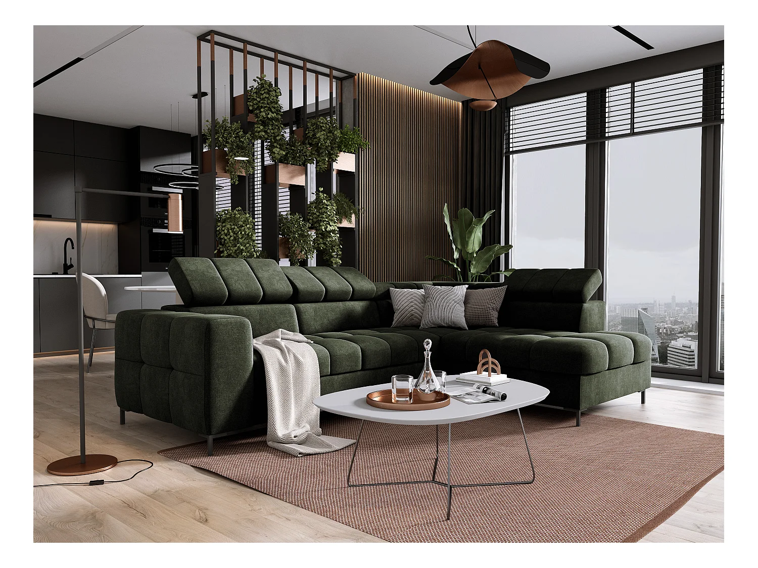 Ecksofa PABLO 279x201 cm, umbaubar, verstellbare Kopfstützen, Bettkasten, Metallfüße, VOGUE-Stoff, rechts, BLAU