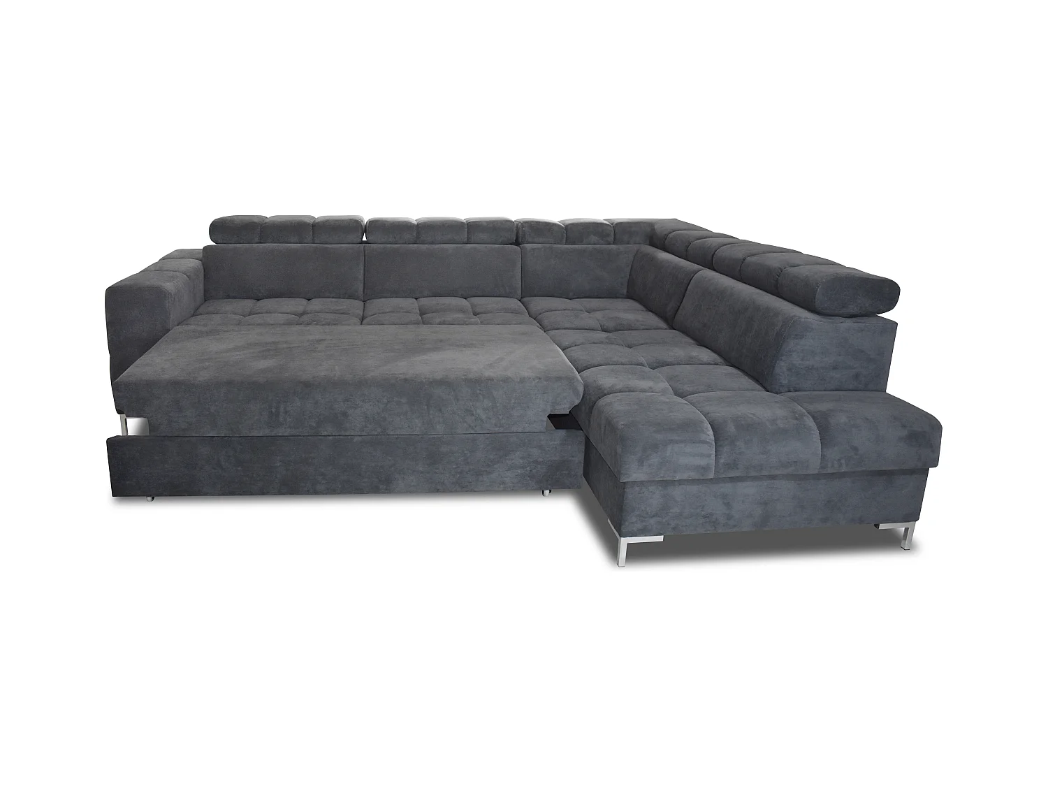 Canapé d'angle PABLO 279x201 cm, convertible, appuie-têtes réglables, coffre, pieds métal, tissu VOGUE, droit, BLEU