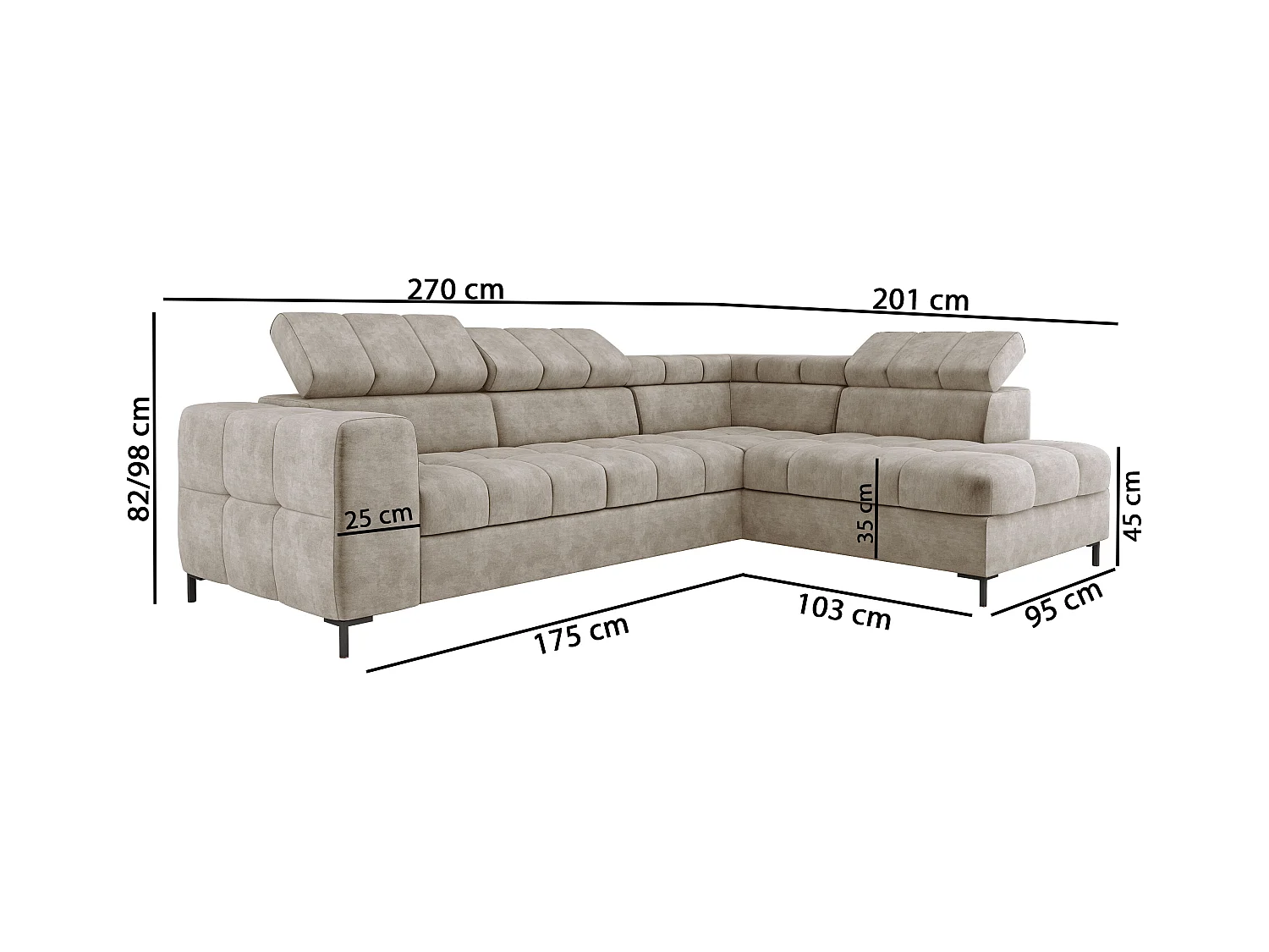 Ecksofa PABLO 279x201 cm mit Bettkasten, Bett, verstellbaren Kopfstützen, Metallfüßen, pflegeleichtem VOGUE-Stoff, gerade, SCHWARZ