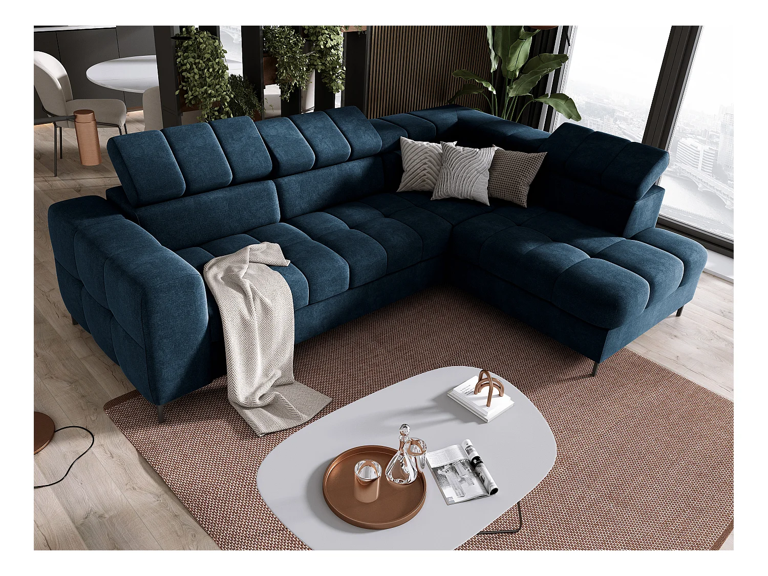 Ecksofa PABLO 279x201 cm mit Bettkasten, Bett, verstellbaren Kopfstützen, Metallfüßen, pflegeleichtem VOGUE-Stoff, gerade, SCHWARZ