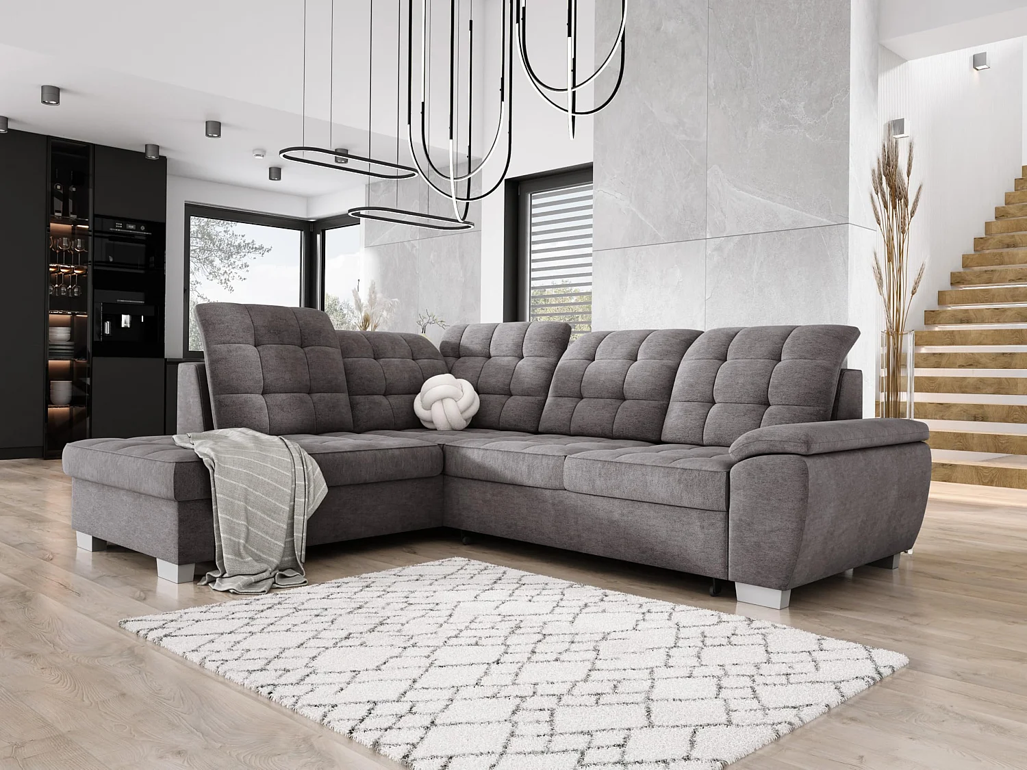 LOTTA hoekbank in stof ASTI, 258x212cm - elegant design, slaapfunctie en grote opbergruimte, links, LIGHT GREY