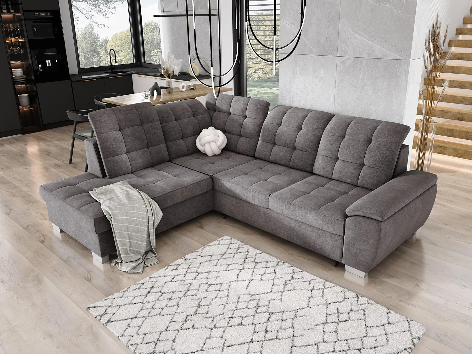 LOTTA hoekbank in stof ASTI, 258x212cm - elegant design, slaapfunctie en grote opbergruimte, links, LIGHT GREY