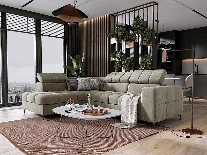 Ecksofa PABLO 279x201 cm mit Bett, Bettkasten, verstellbare Kopfstützen, weicher, pflegeleichter VOGUE-Stoff, Metallfüße, links, GRÜN