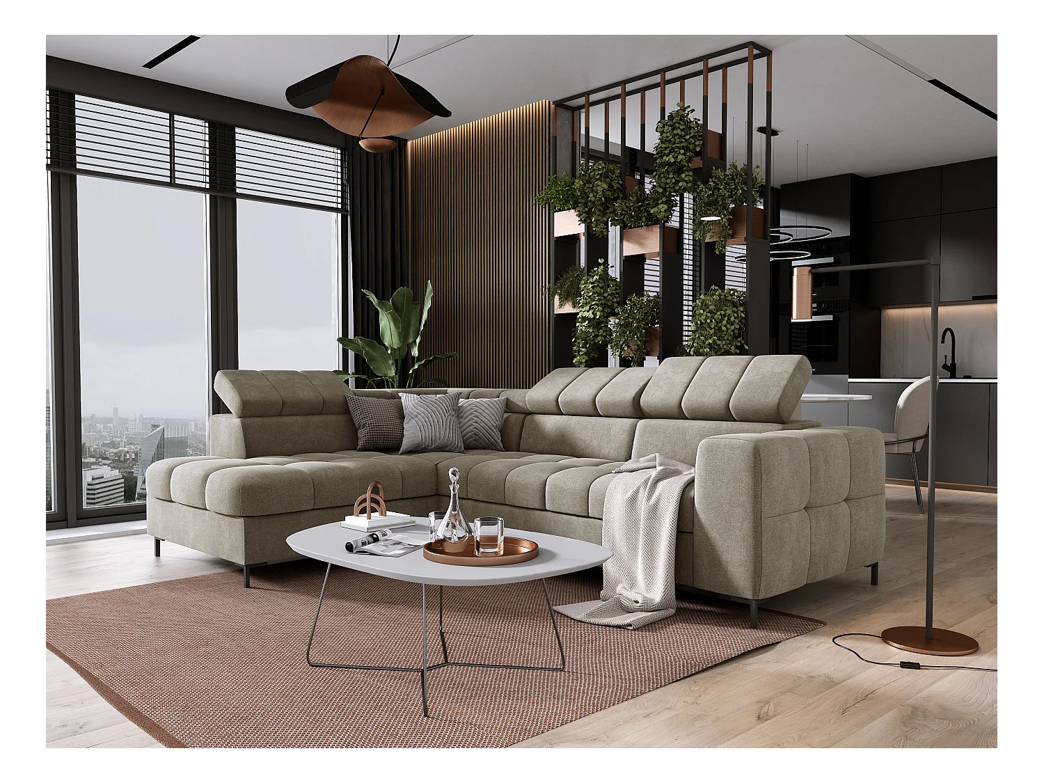 Ecksofa PABLO 279x201 cm mit Bett, Bettkasten, verstellbare Kopfstützen, weicher, pflegeleichter VOGUE-Stoff, Metallfüße, links, GRÜN