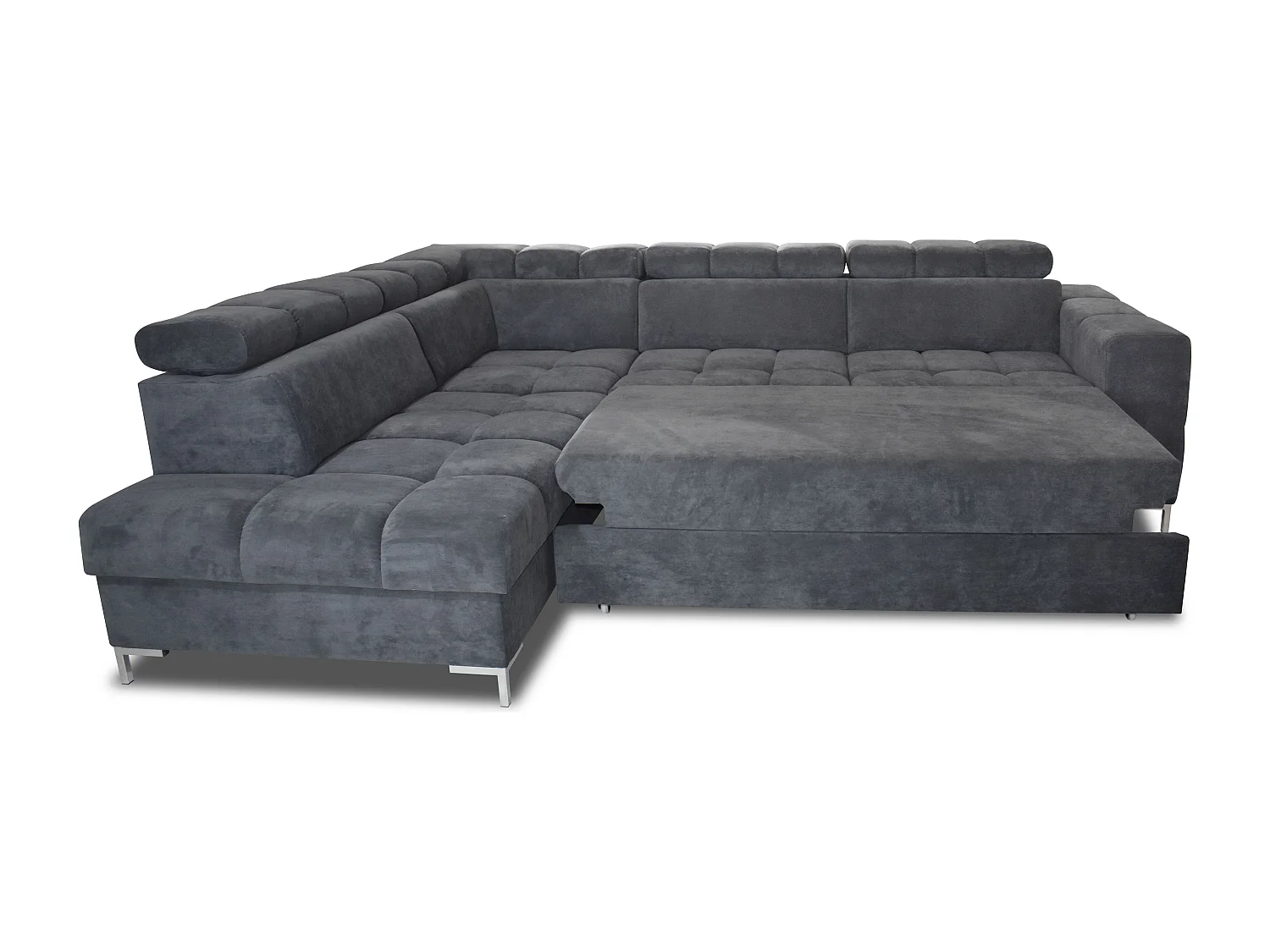 Hoekbank PABLO 279x201 cm met bed, commode, verstelbare hoofdsteunen, zachte, onderhoudsvriendelijke VOGUE stof, metalen pootjes, links, GROEN