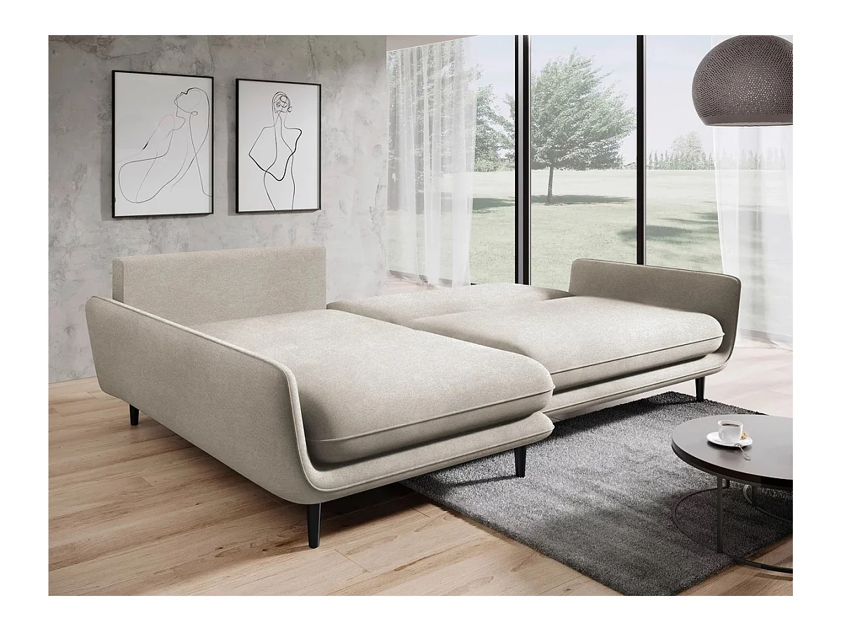 Ecksofa SOLANO mit Bettfunktion - Elegantes skandinavisches Sofa 260x167 cm, Bettkasten und Füße aus Holz, Farbe Weiß, Links