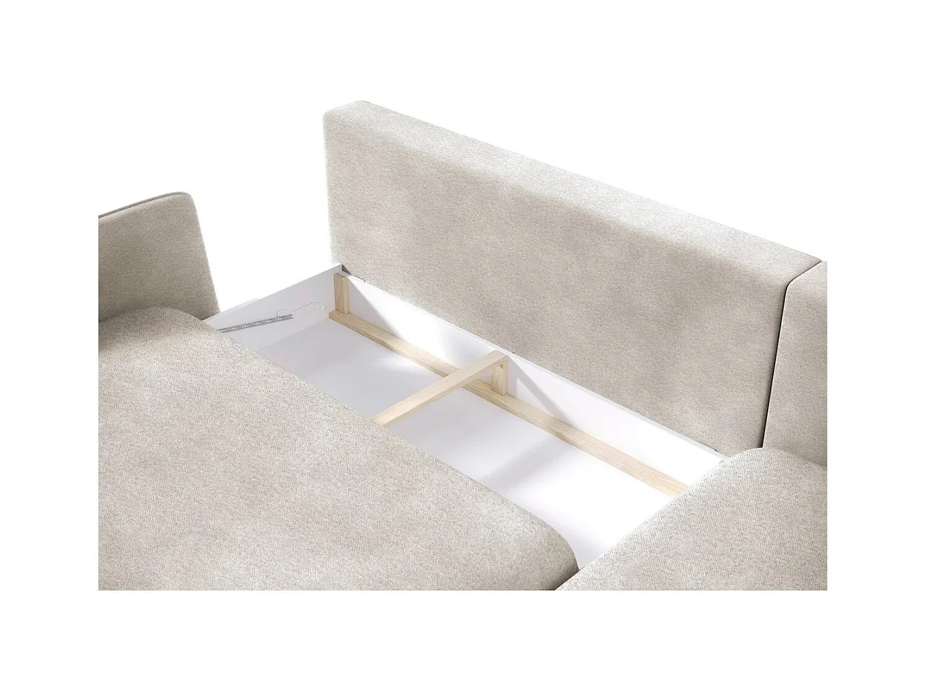 Ecksofa SOLANO mit Bettfunktion - Elegantes skandinavisches Sofa 260x167 cm, Bettkasten und Füße aus Holz, Farbe Weiß, Links