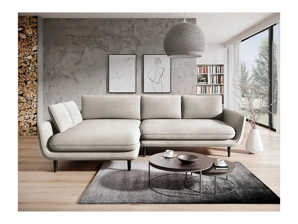 Canapé d'angle SOLANO avec fonction lit – Canapé scandinave élégant 260x167 cm, Coffre de lit et pieds en bois, Couleur blanche, Gauche