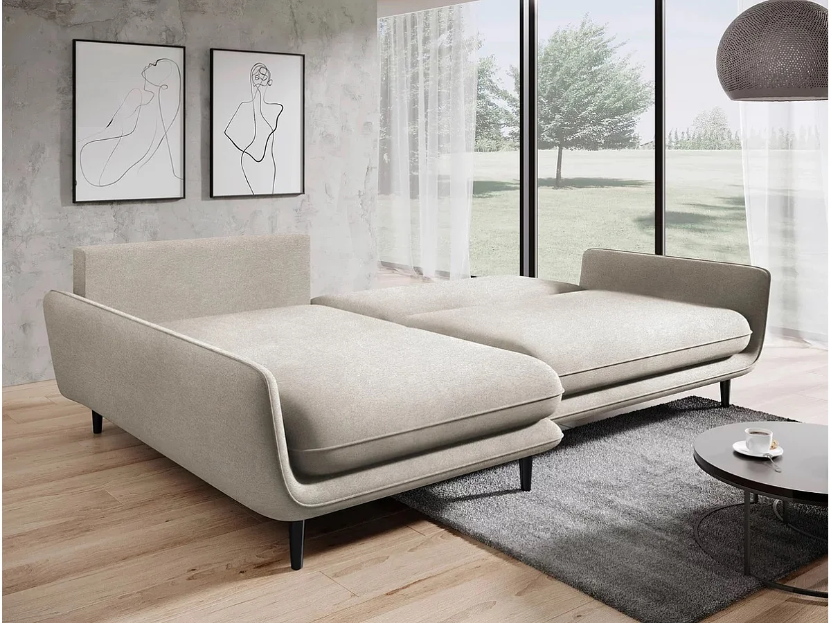 SOLANO hoekbank met bedfunctie - Elegante Scandinavische bank 260x167 cm, Houten kist en poten, Wit, Links