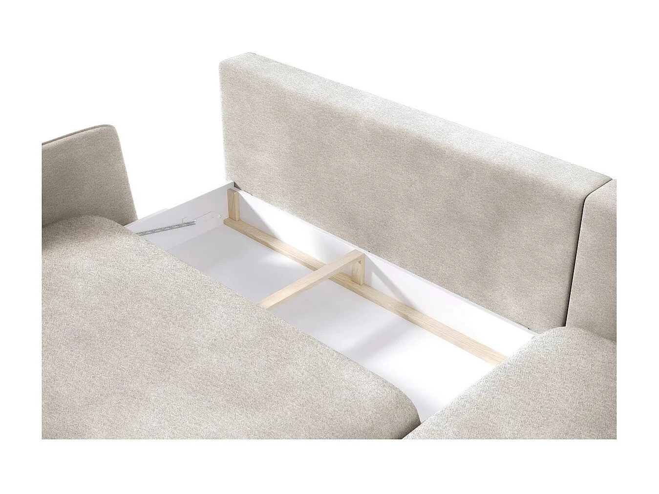 SOLANO hoekbank met bedfunctie - Elegante Scandinavische bank 260x167 cm, Houten kist en poten, Wit, Links